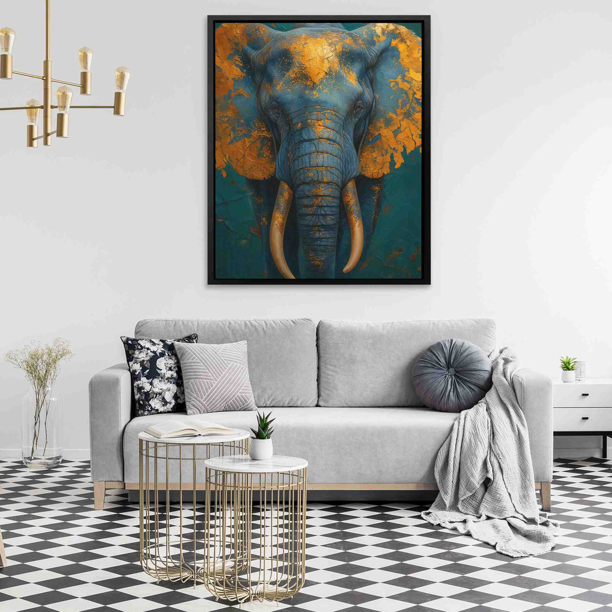 a living room with a couch and a painting on the wall