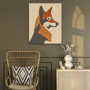 a painting of a fox on a wall next to a chair