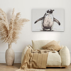 a picture of a penguin on a wall above a couch