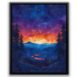 a painting of a sunset over a mountain