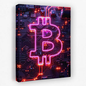 a lit up bitcoin sign on top of a computer board