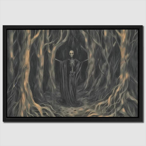 a painting of a skeleton in a dark forest