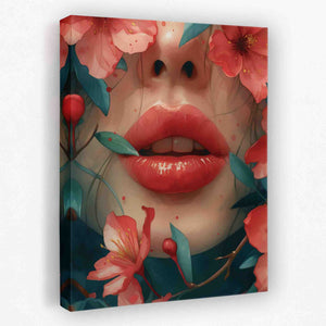 a painting of a woman's lips and flowers