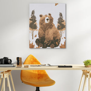 a painting of a bear on a wall above a desk