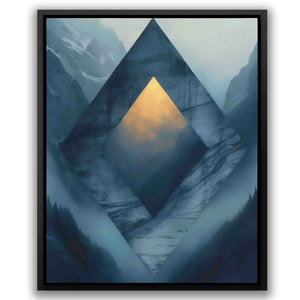 a painting of a pyramid in the middle of mountains