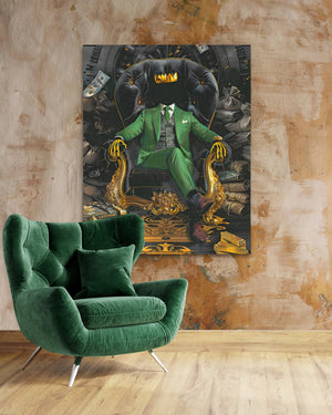 a green chair sitting in front of a painting on a wall