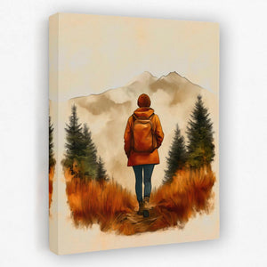 a painting of a person with a backpack walking on a path