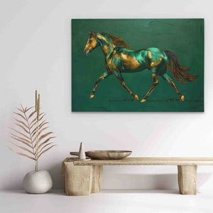 a painting of a horse on a green background