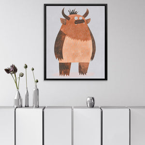 a picture of a brown bear with horns hanging on a wall