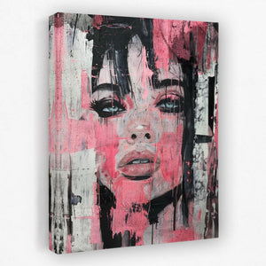 a painting of a woman's face on a pink background