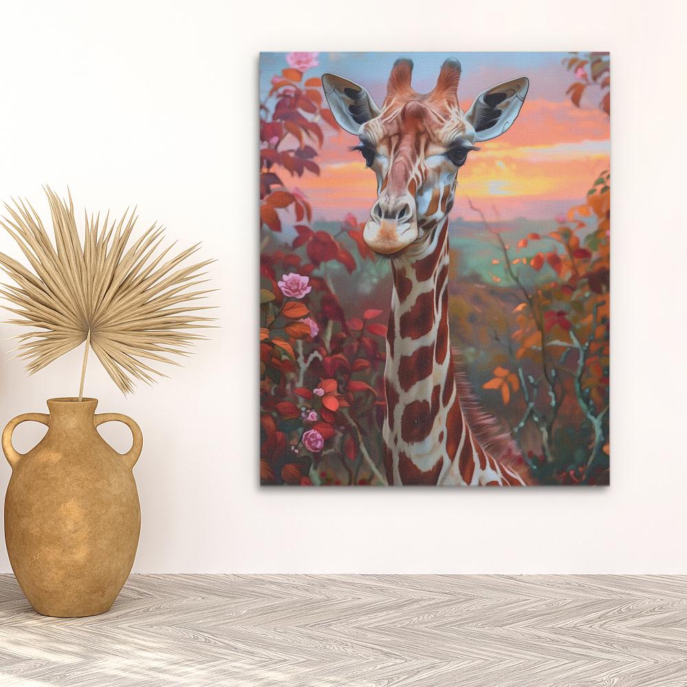 a painting of a giraffe in a field of flowers