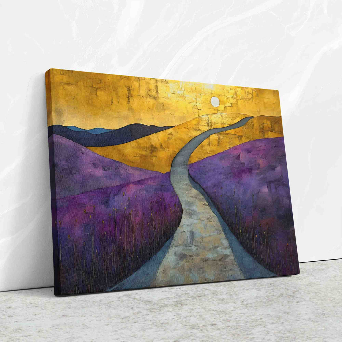 a painting of a road going through a field