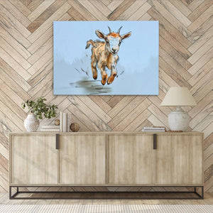 a painting of a cow running in a room