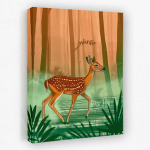 a painting of a deer in a forest