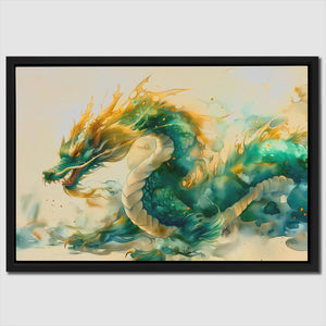 a painting of a green and yellow dragon