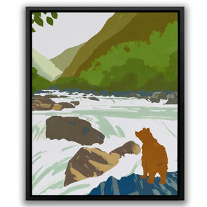 a painting of a bear standing on a rock next to a river