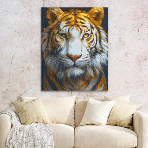 a painting of a tiger on a wall above a couch