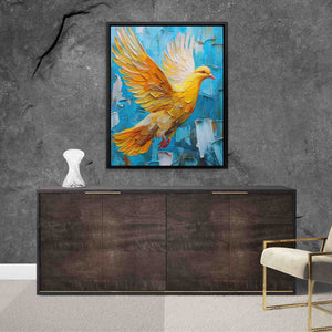a painting of a yellow bird on a blue background