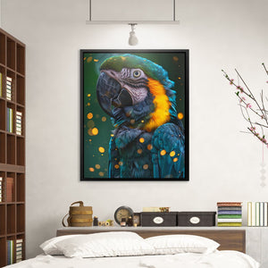 a painting of a parrot on a wall above a bed