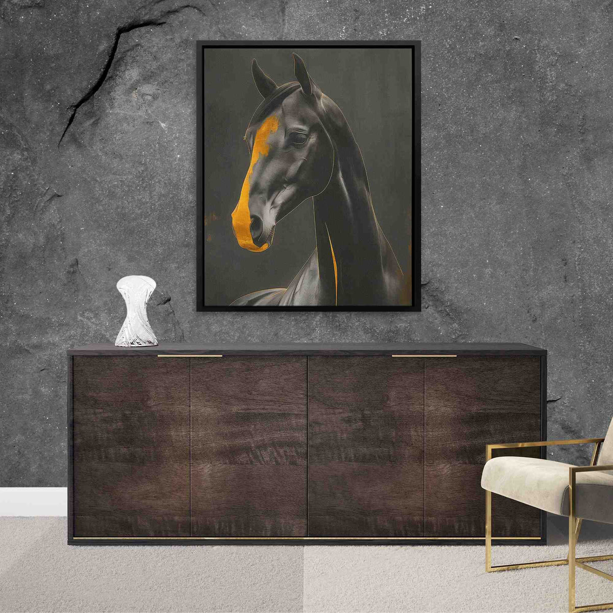 a painting of a horse on a wall next to a chair