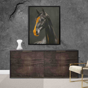 a painting of a horse on a wall next to a chair