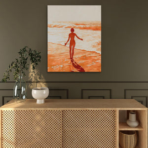 a painting of a woman walking on the beach