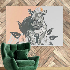 Hippo Flower Dance with Floral Accents Art Print - Luxury Wall Art 