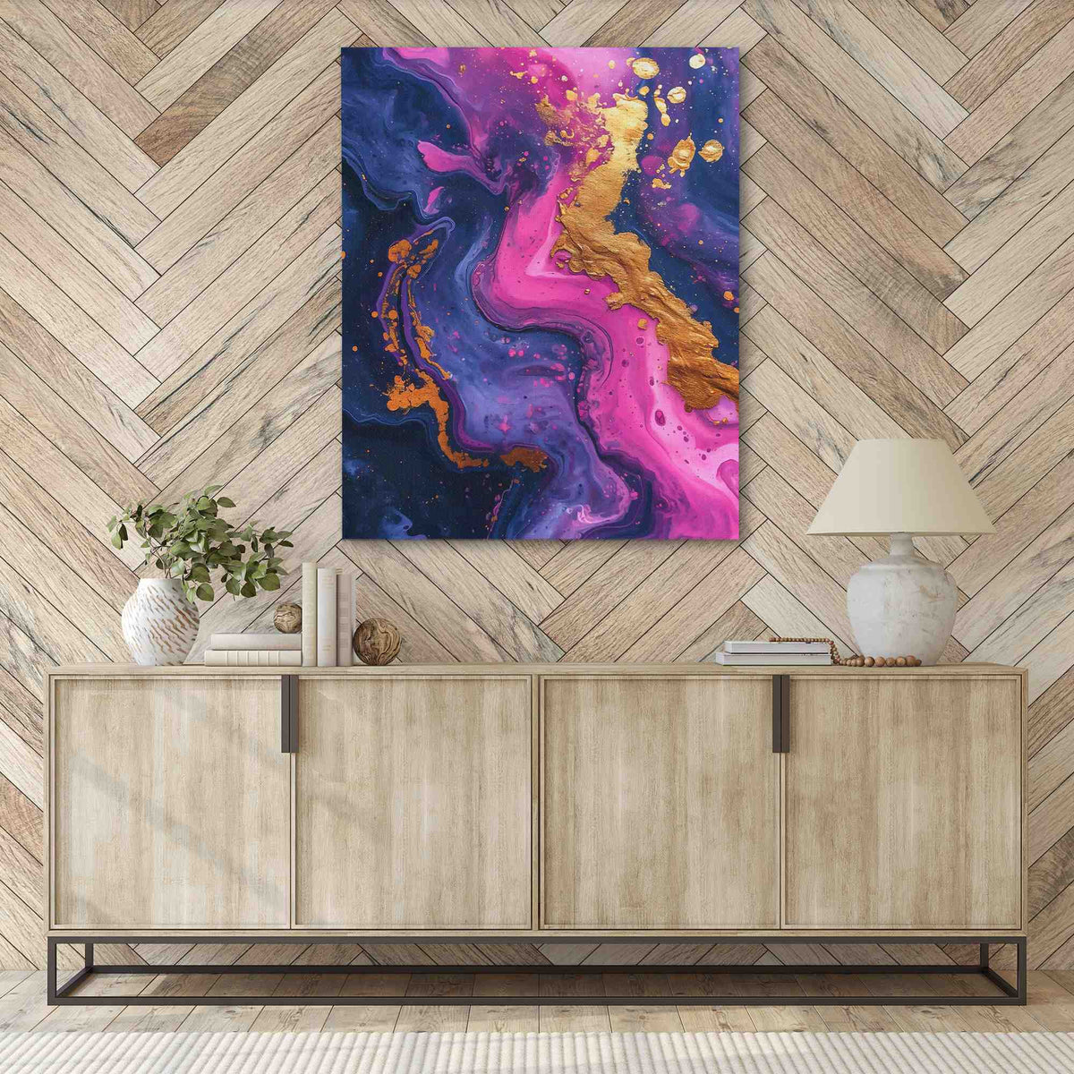 a painting hanging on a wall next to a sideboard