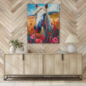 a painting of a horse in a field of flowers