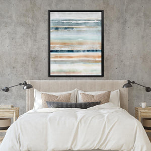 a bed with a white comforter and a painting on the wall