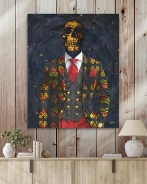 a painting of a skeleton wearing a suit and tie