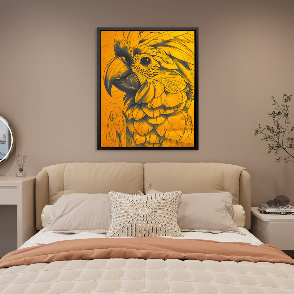 a painting of a yellow parrot on a white wall