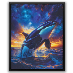 a painting of an orca jumping out of the water