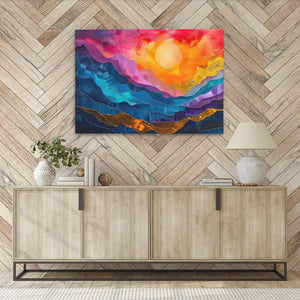 a painting hanging on a wall next to a sideboard