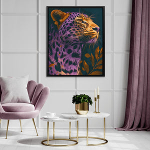 a living room with a purple chair and a painting on the wall