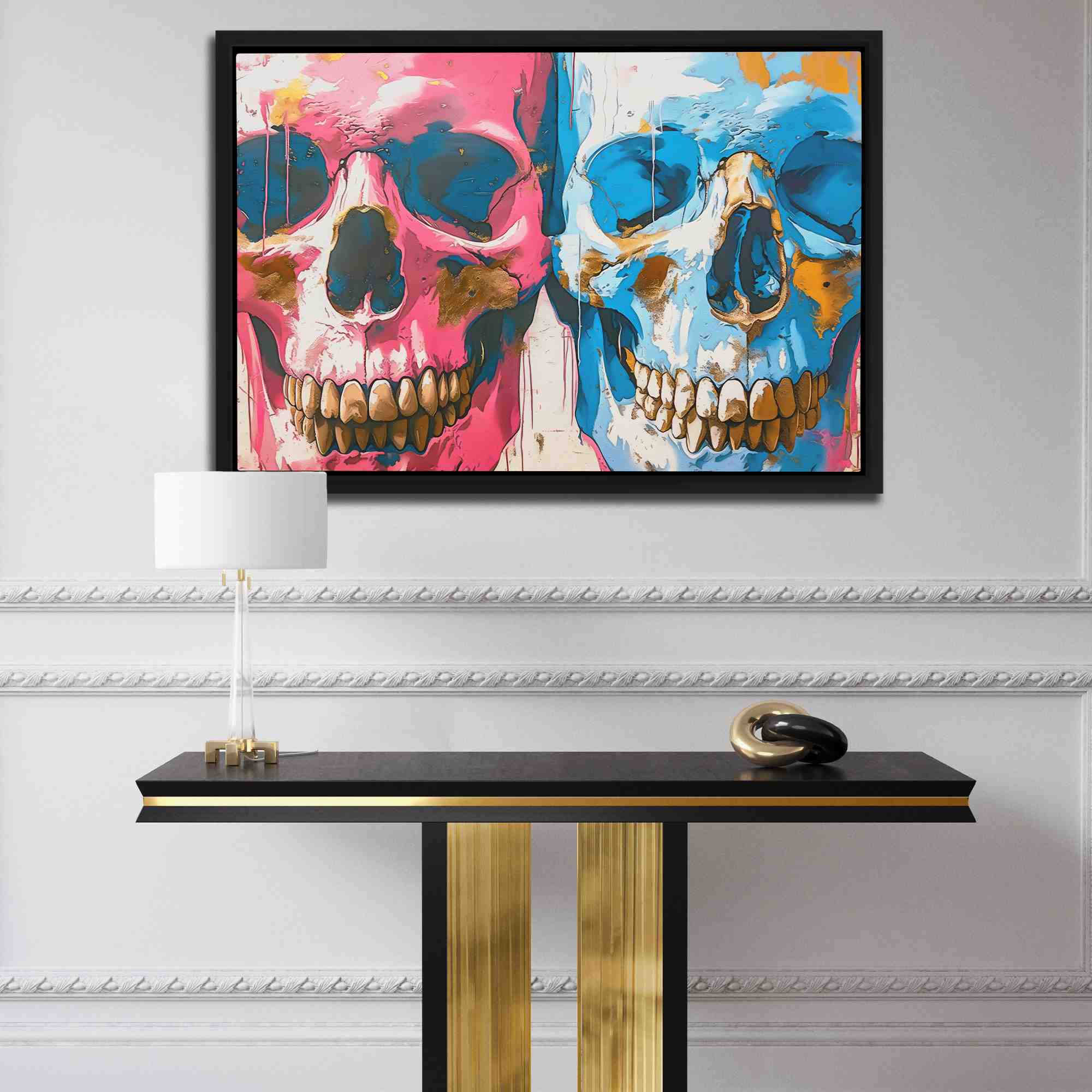 a painting of two skulls painted on a wall