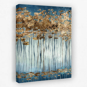 a painting of gold and blue trees on a white wall