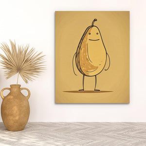 a painting of a pear on a wall next to a potted plant