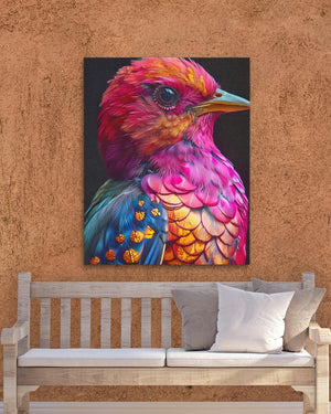 a painting of a colorful bird on a wall