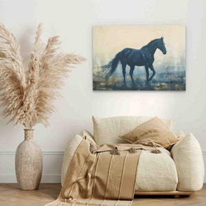 a painting of a horse on a wall above a couch