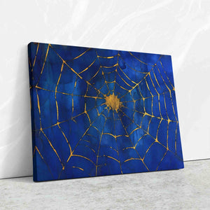 a painting of a spider web on a blue background