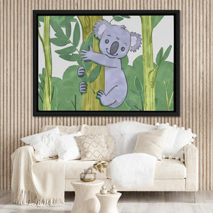 a living room with a couch and a painting of a koala bear