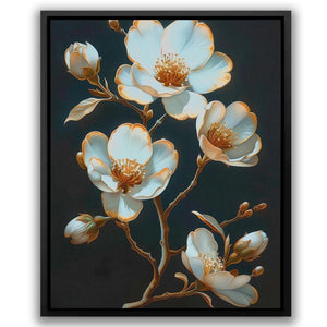 a painting of white flowers on a black background