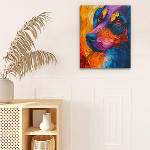 a painting of a dog on a white wall