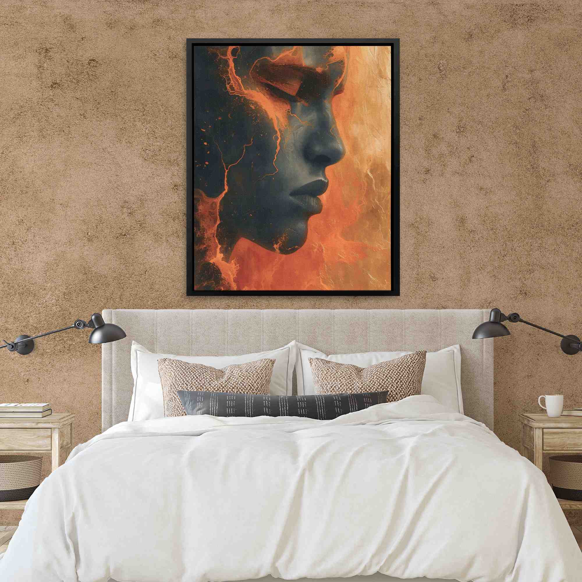 a painting of a woman's face on fire
