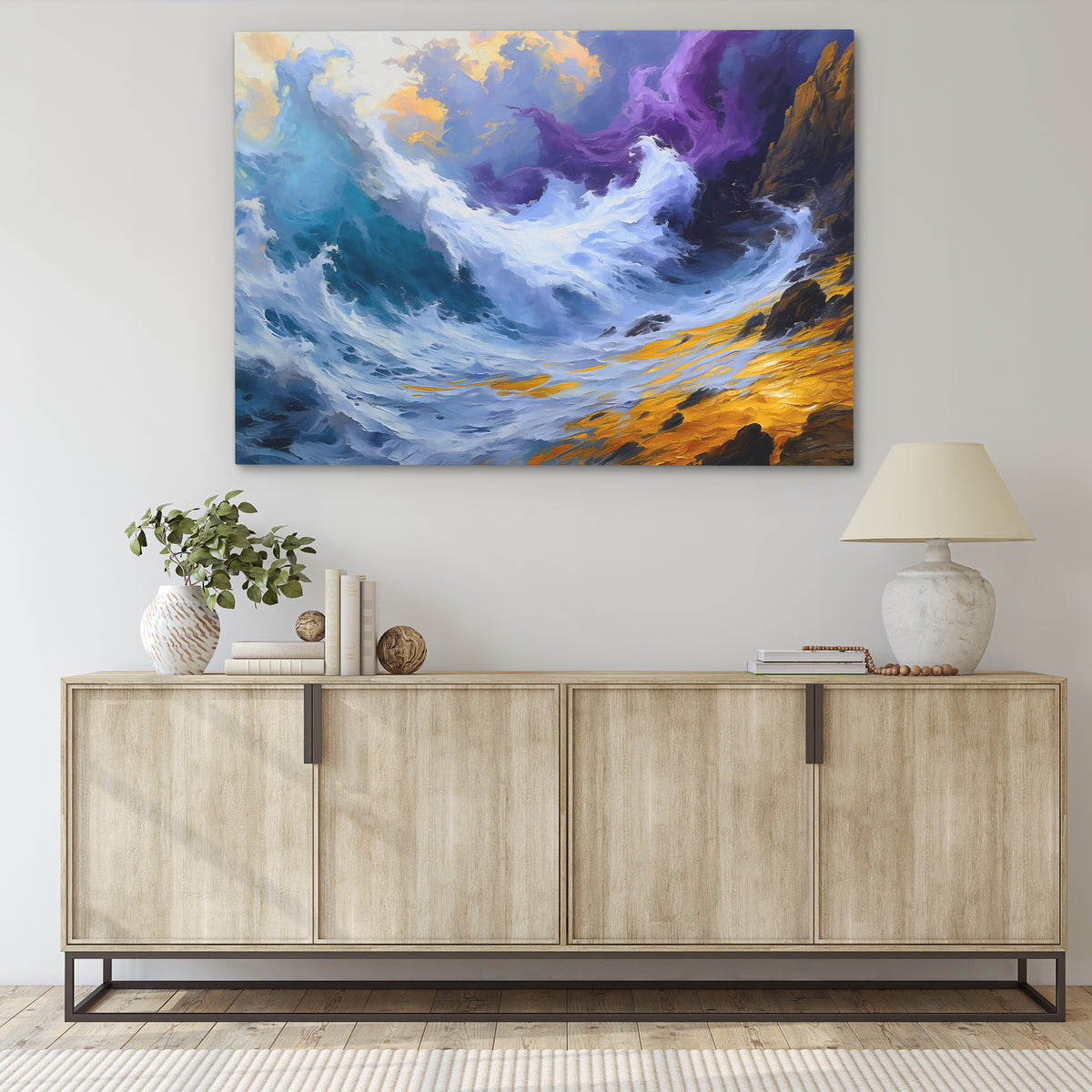 a painting hanging on a wall above a dresser