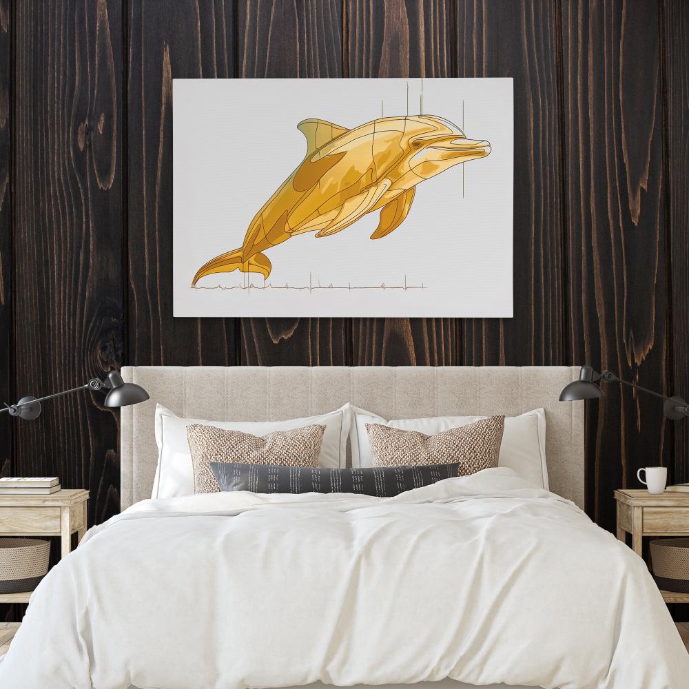 a drawing of a yellow dolphin on a white background