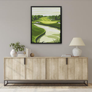 a painting on a wall of a golf course