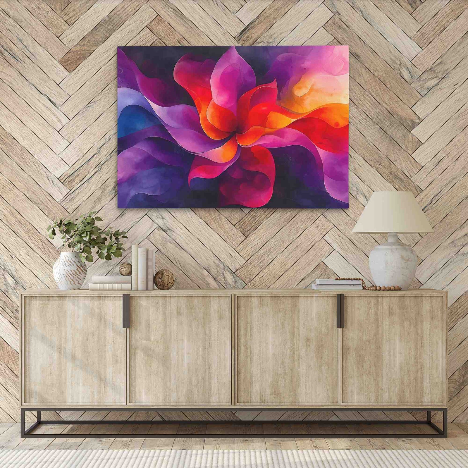 a painting hanging on a wall next to a sideboard