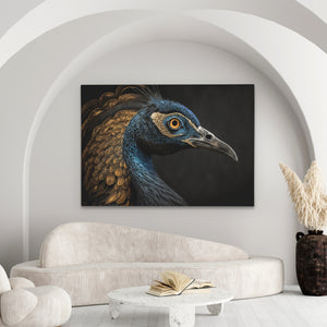 a painting of a peacock in a living room